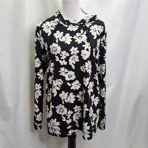 AnyBody Black and White Floral Hooded Long Sleeve Top Size XST